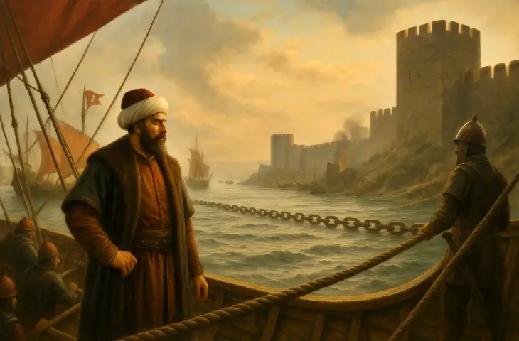 Haliç girişindeki zinciri ve Osmanlı kadırgalarını inceleyen Baltaoğlu Süleyman Bey’in canlandırması; 1453 kuşatmasında deniz hattının kontrolü.